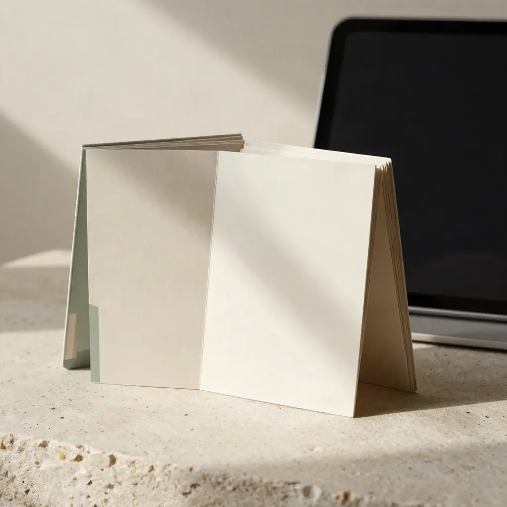 Bundle storefront su lino morbido con tablet e cartoncini, luce soffusa e accento verde salvia.