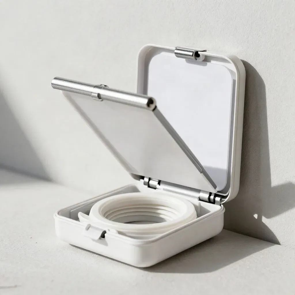 Kit fotografico bianco con diffusore apribile, braccio LED e cartella sweep su sfondo chiaro.