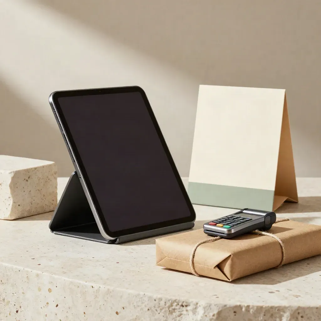 Bundle e-commerce su pietra chiara con tablet, terminale, pacco kraft e luce morbida.