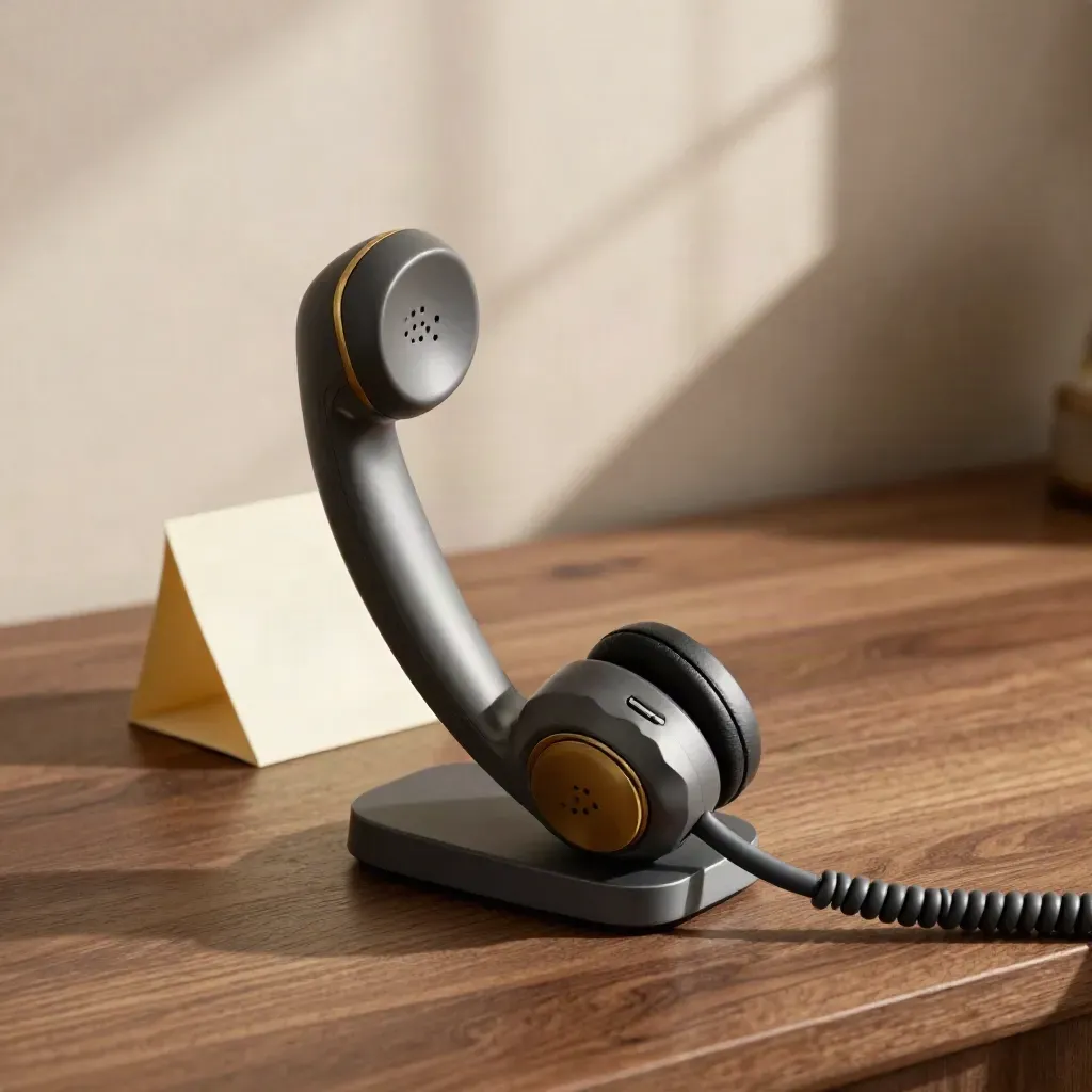 Telefono di supporto su base con due biglietti, su legno caldo e luce soffusa.