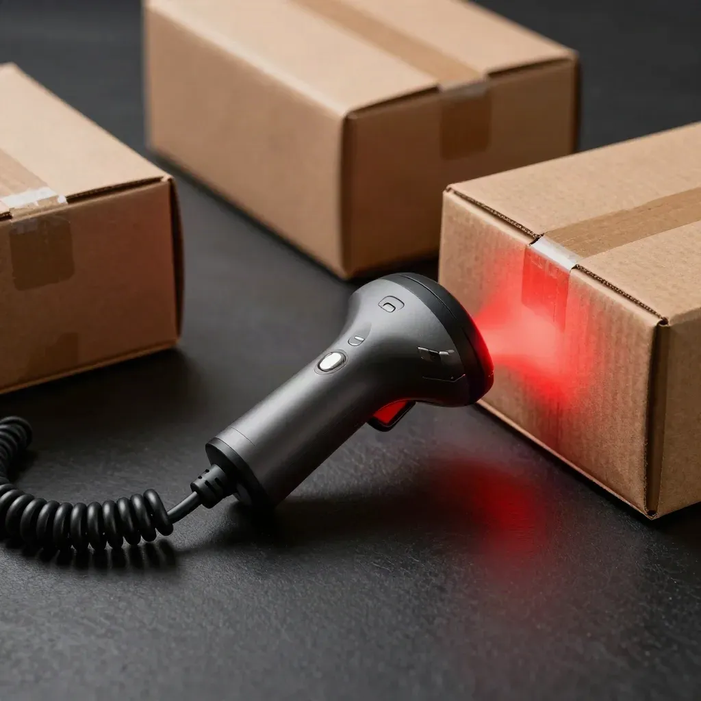 Scanner codici USB su scatoloni, con fascio rosso e atmosfera da magazzino.