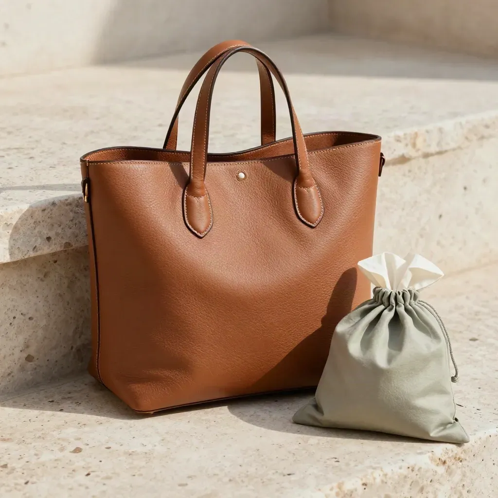 Borsa tote in pelle tan con dust bag su ledge di pietra, luce calda radente.