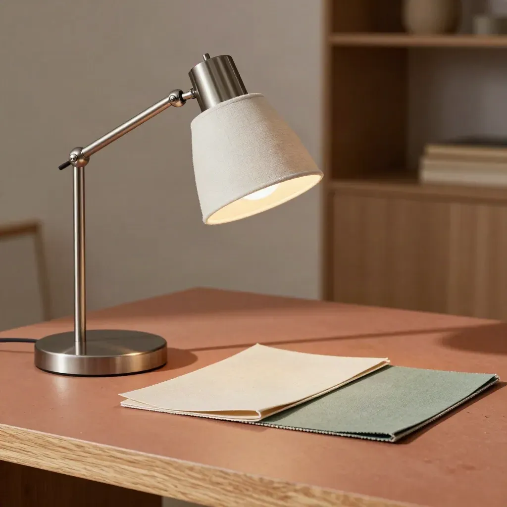 Lampada da scrivania LED in metallo con swatch di carta su piano in terracotta, luce calda.