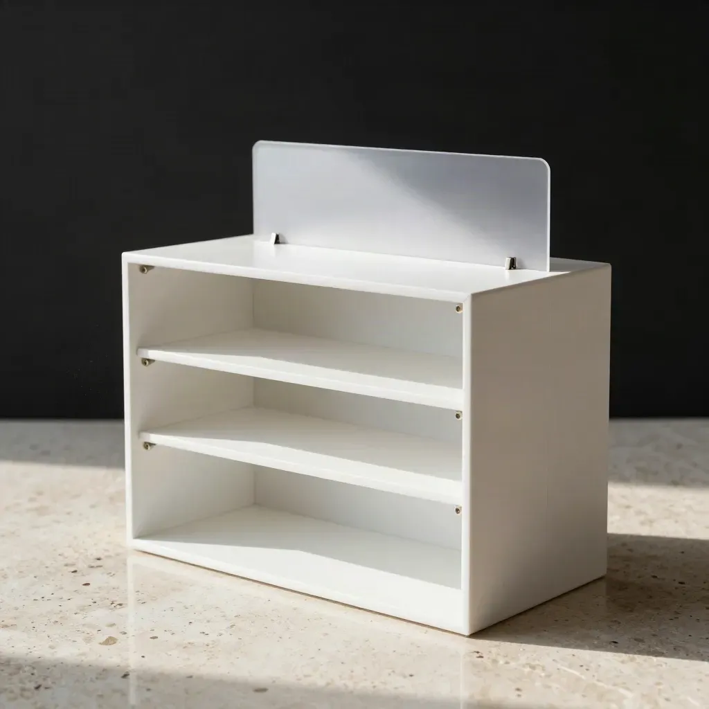 Espositore modulare bianco per negozio su fondo travertino, illuminato in studio drammatico.