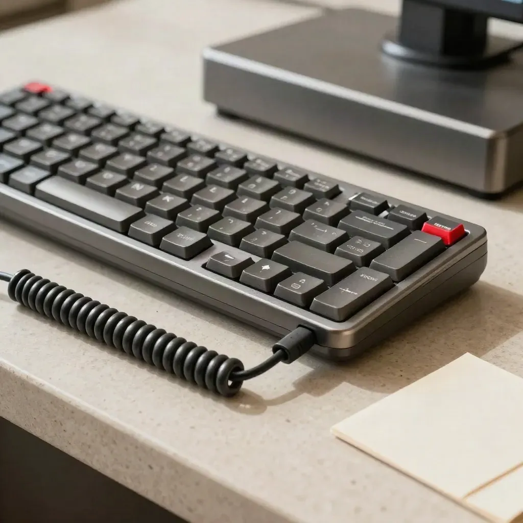 Tastiera POS compatta su pietra chiara con cavo USB arrotolato e luce morbida da studio.