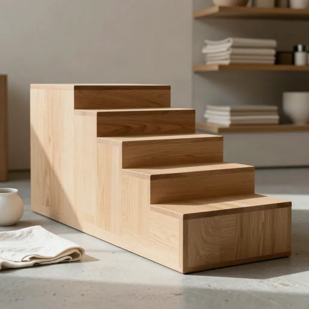Espositori in legno di faggio impilati su piano chiaro, luce morbida laterale.