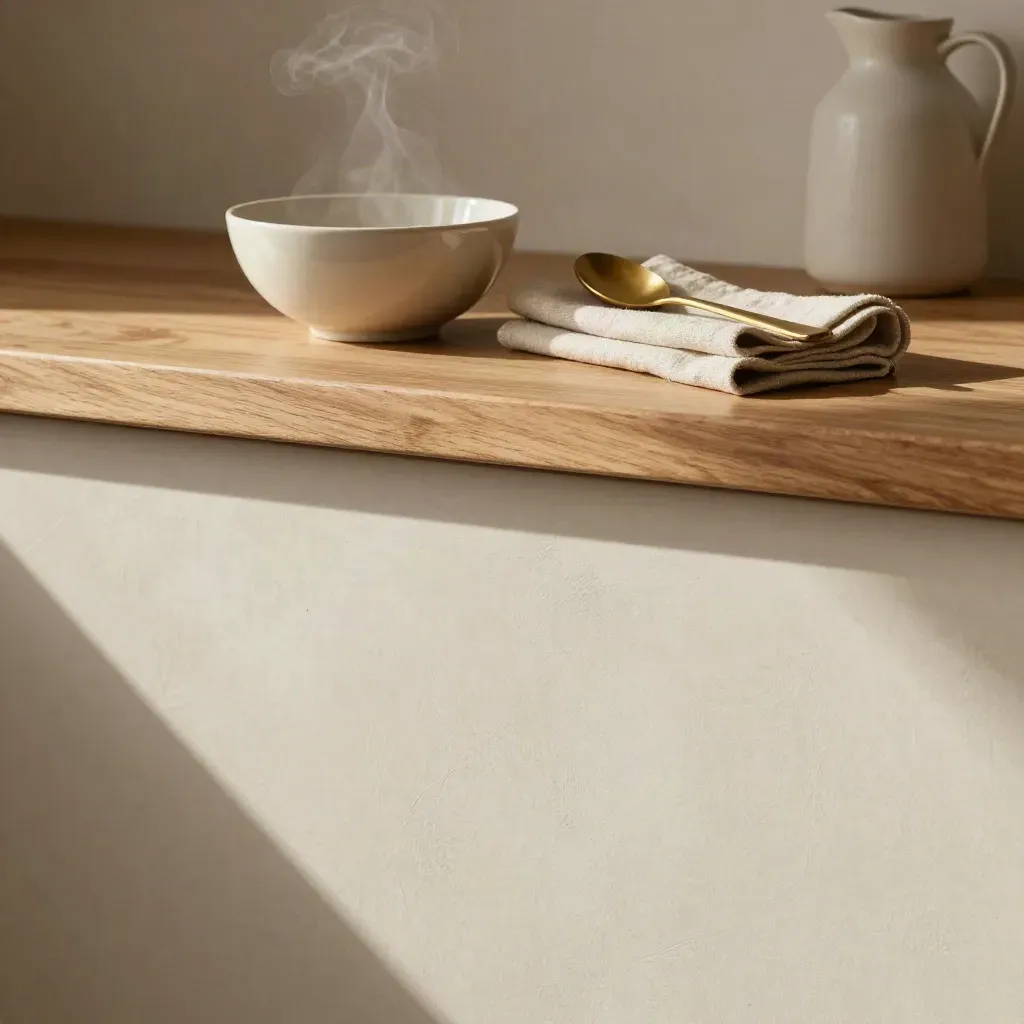 Ledga in rovere con ciotola in ceramica, tovagliolo piegato e cucchiaio in ottone.