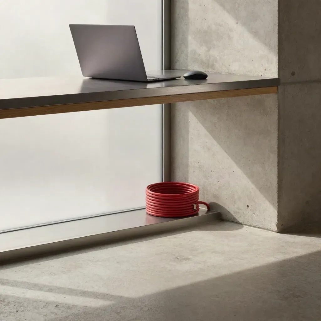 Angolo ufficio in cemento con laptop chiuso, mouse e cavi sotto vetro satinato.
