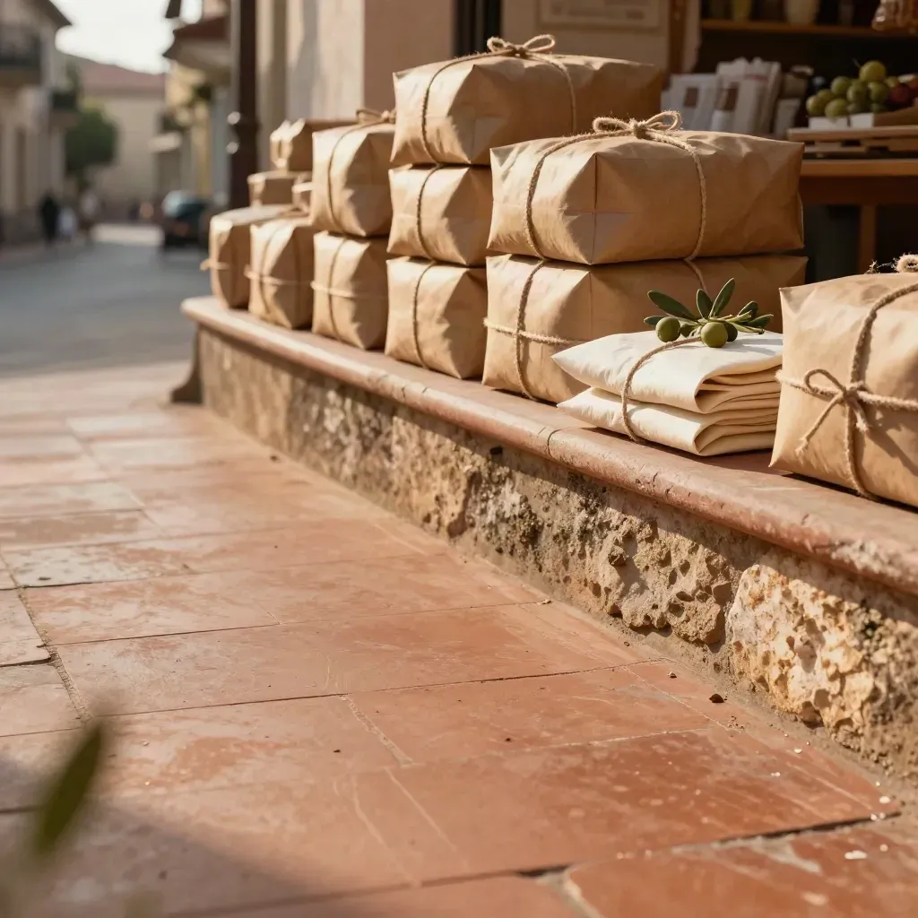 Pacchi su terrazza in terracotta al tramonto con ramo d’ulivo e vicolo sfocato