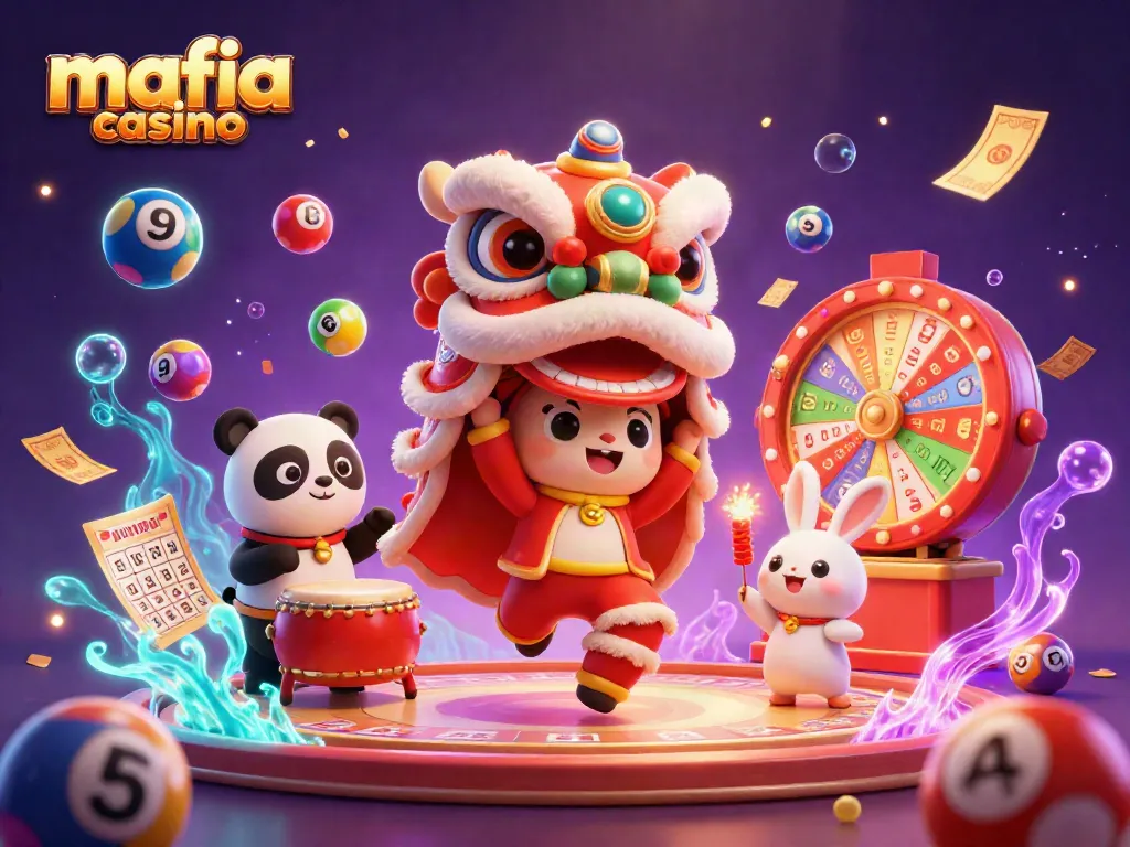 Mafia casino vibrant 3D scene showing lottery elements, a lion dance, and festive characters in action.
